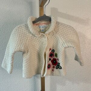 Cream Knit Baby Cardigan with Floral Embroidery-6-9m